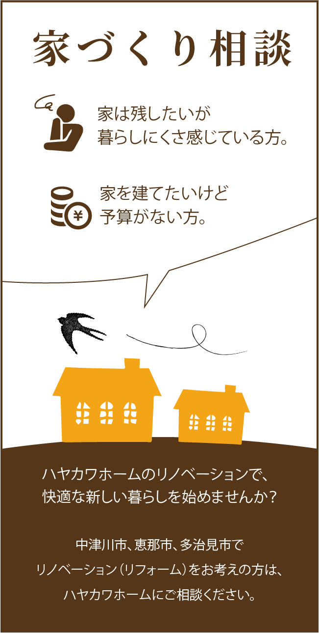 ハヤカワホームのリノベーションで、快適な家で新しい暮らしを始めませんか？中津川市、恵那市でリノベーション（リフォーム）をお考えの方は、ハヤカワホームにご相談ください。